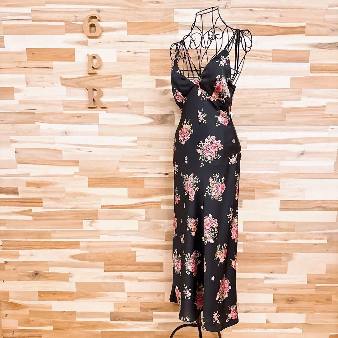 ザラ サテン 花柄 ブーケ ロング キャミ ワンピース XS 黒×ピンク