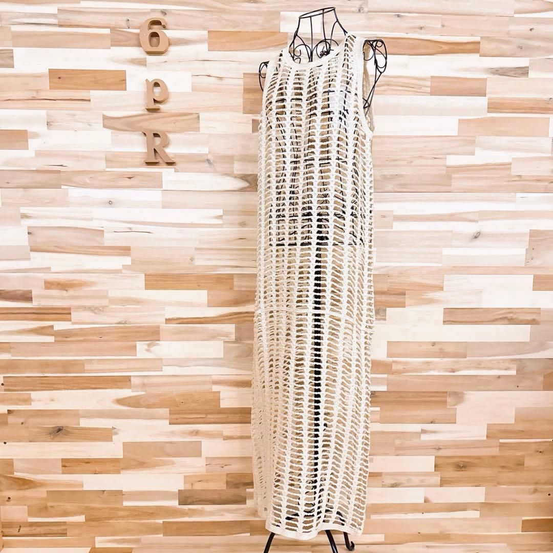 ザラ ホール メッシュ ロング ワンピース ラメ糸 S アイボリー×金