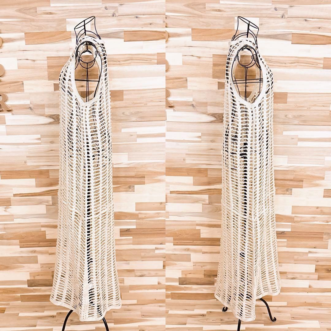  ザラ ホール メッシュ ロング ワンピース ラメ糸 S アイボリー×金 ノースリーブ その他