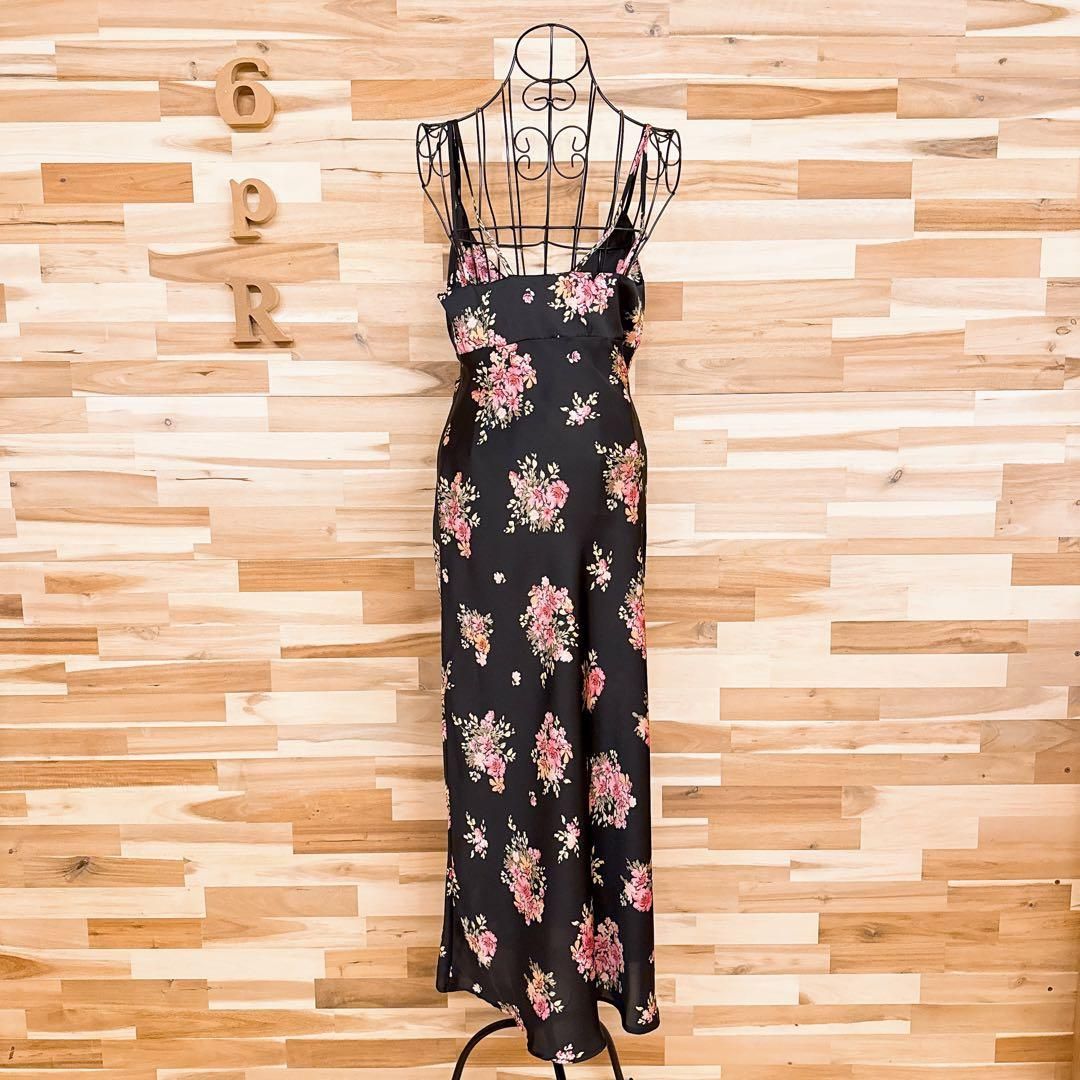 ザラ サテン 花柄 ブーケ ロング キャミ ワンピース XS 黒 ピンク キャミワンピース ロングワンピース