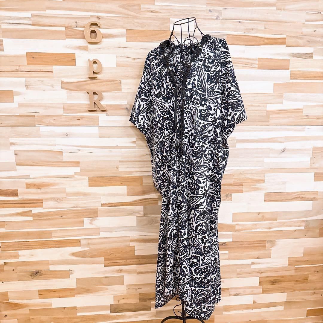 サイズ ザラ オーバーサイズ ロング ワンピース ボタニカル XXL 黒×白