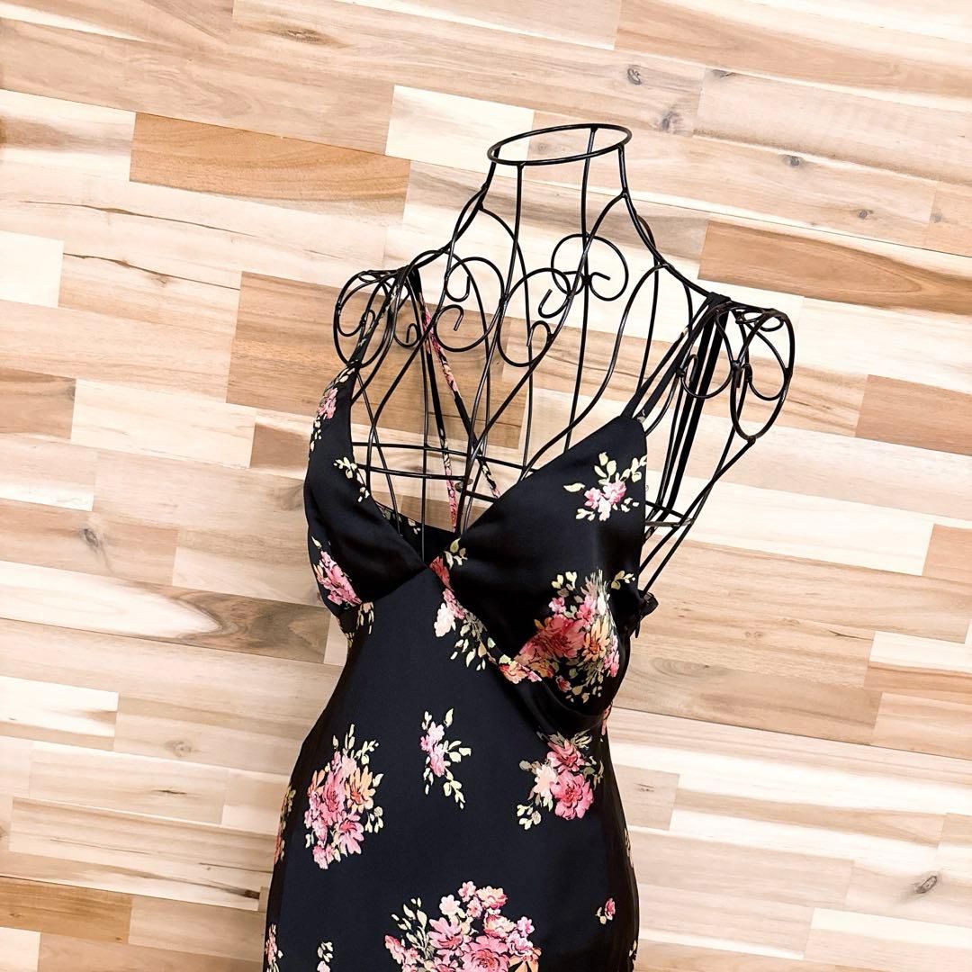 ザラ サテン 花柄 ブーケ ロング キャミ ワンピース XS 黒×ピンク