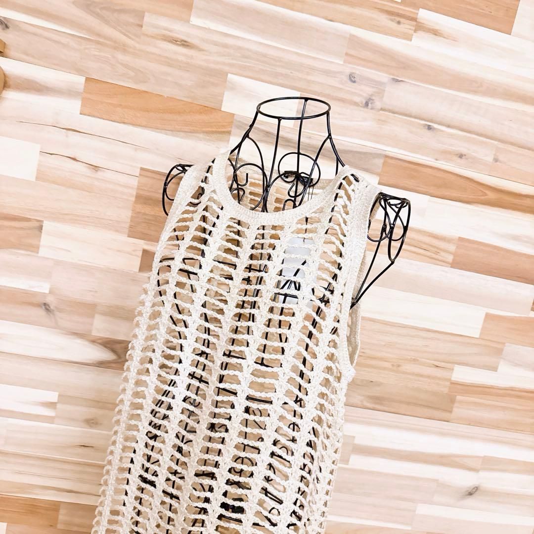 ザラ ホール メッシュ ロング ワンピース ラメ糸 S アイボリー×金