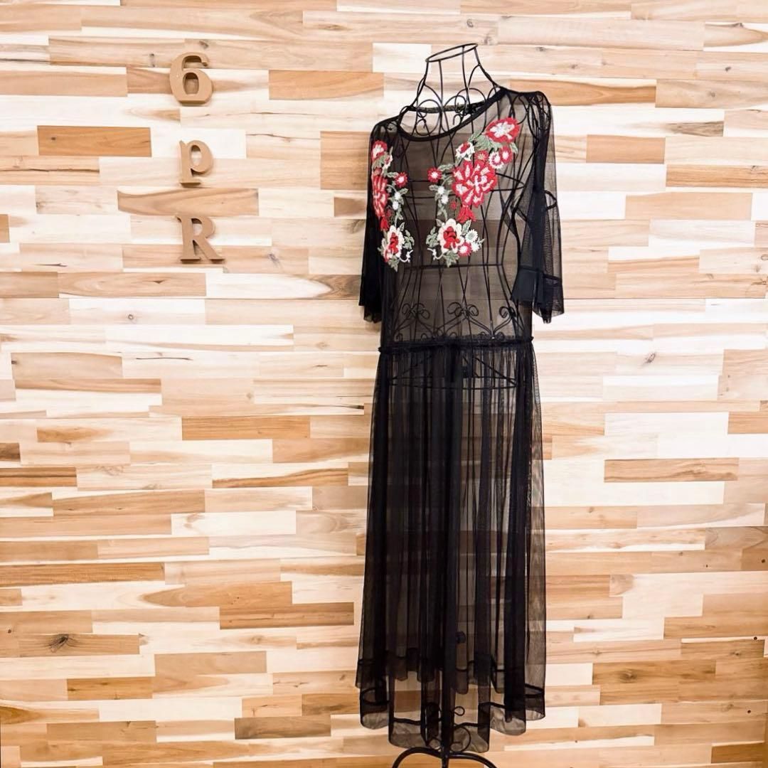 ザラ シアー チュール 刺繍 花柄 ロング ワンピース レイヤード S黒×赤
