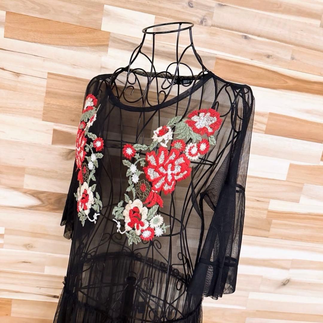 ザラ シアー チュール 刺繍 花柄 ロング ワンピース レイヤード S黒×赤