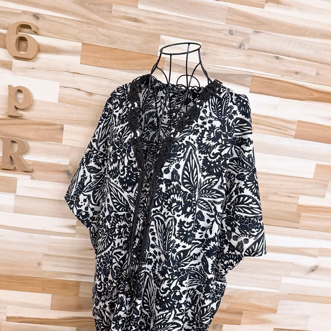 サイズ ザラ オーバーサイズ ロング ワンピース ボタニカル XXL 黒×白