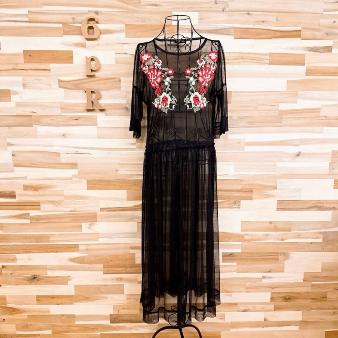  ザラ シアー チュール 刺繍 花柄 ロング ワンピース レイヤード S黒×赤 半袖 その他