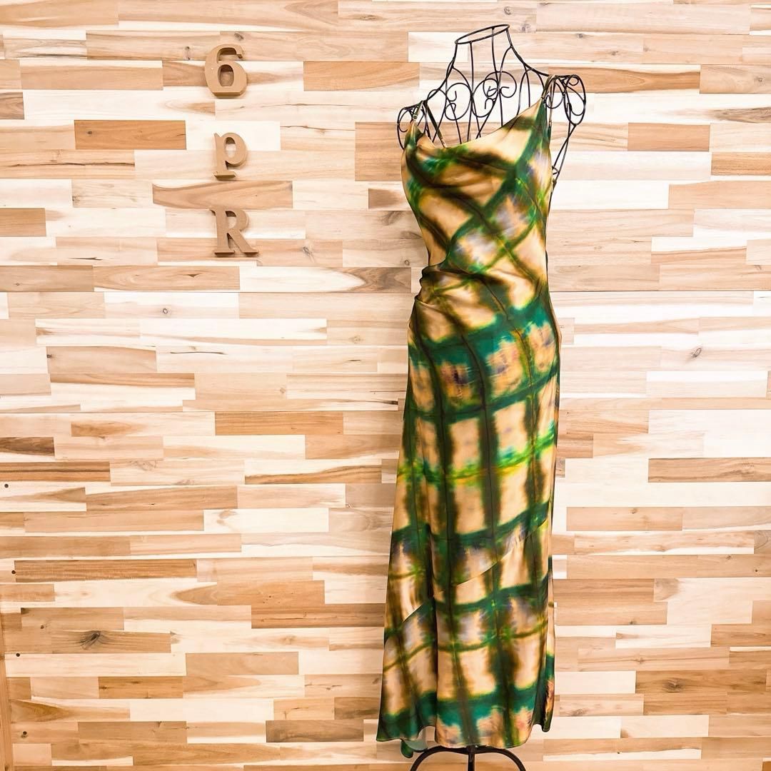 ザラ アシンメトリー ロング キャミ ワンピース ドレス チェック S緑