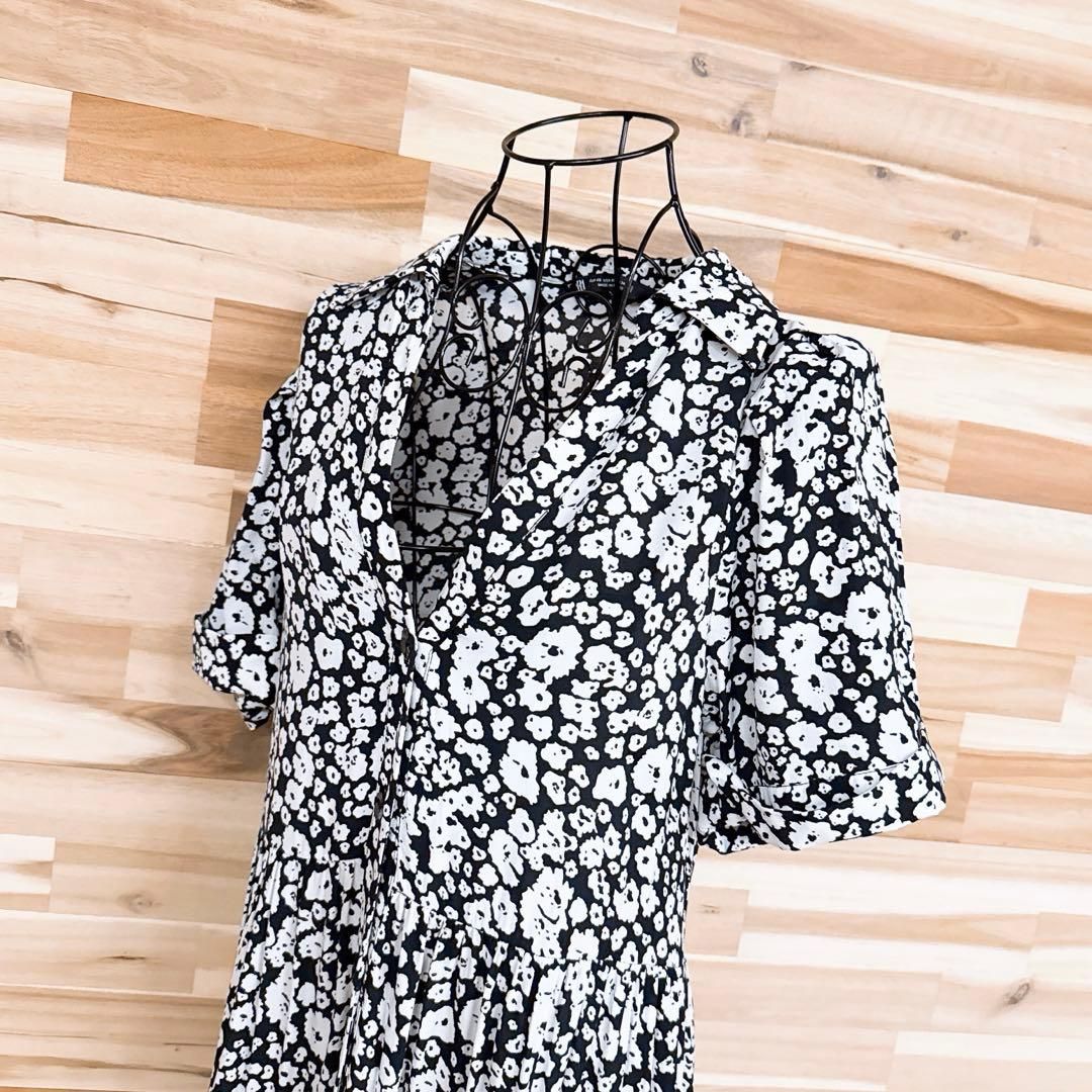 ザラ フラワー花柄 ティアード ロング ワンピース 総柄モノクロ XS 黒×白