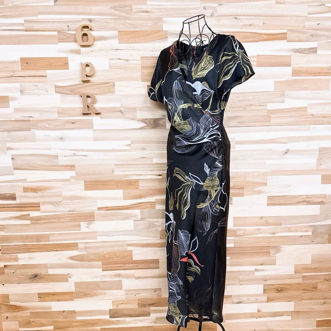 ザラ ボタニカル リーフ サテン ロング 巻きワンピース Vネック S 黒×白
