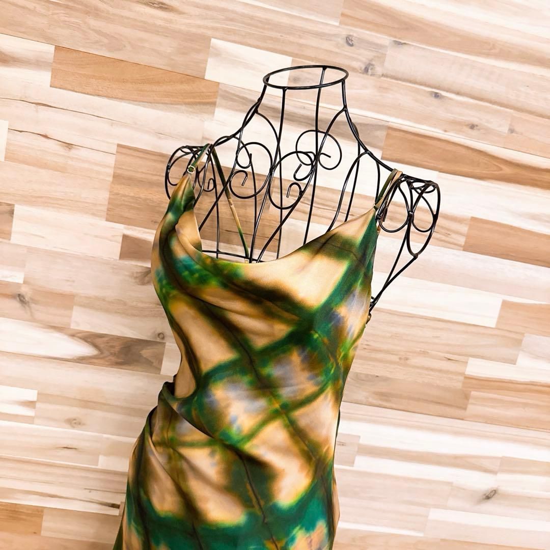 ザラ アシンメトリー ロング キャミ ワンピース ドレス チェック S緑