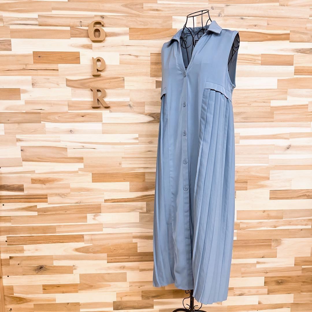 ザラ プリーツ切り替えロング ノースリーブ シャツ ワンピース Vネック S青