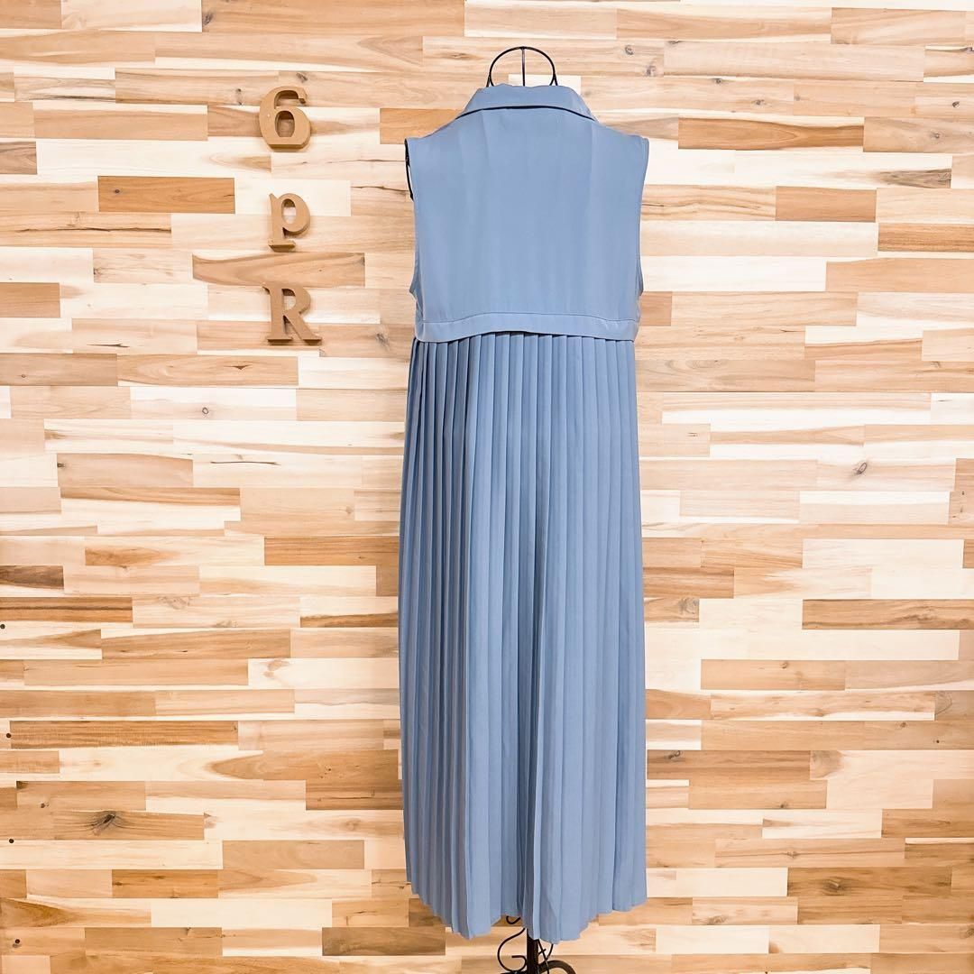  ザラ プリーツ切り替えロング ノースリーブ シャツ ワンピース Vネック S青 ノースリーブ シャツワンピース