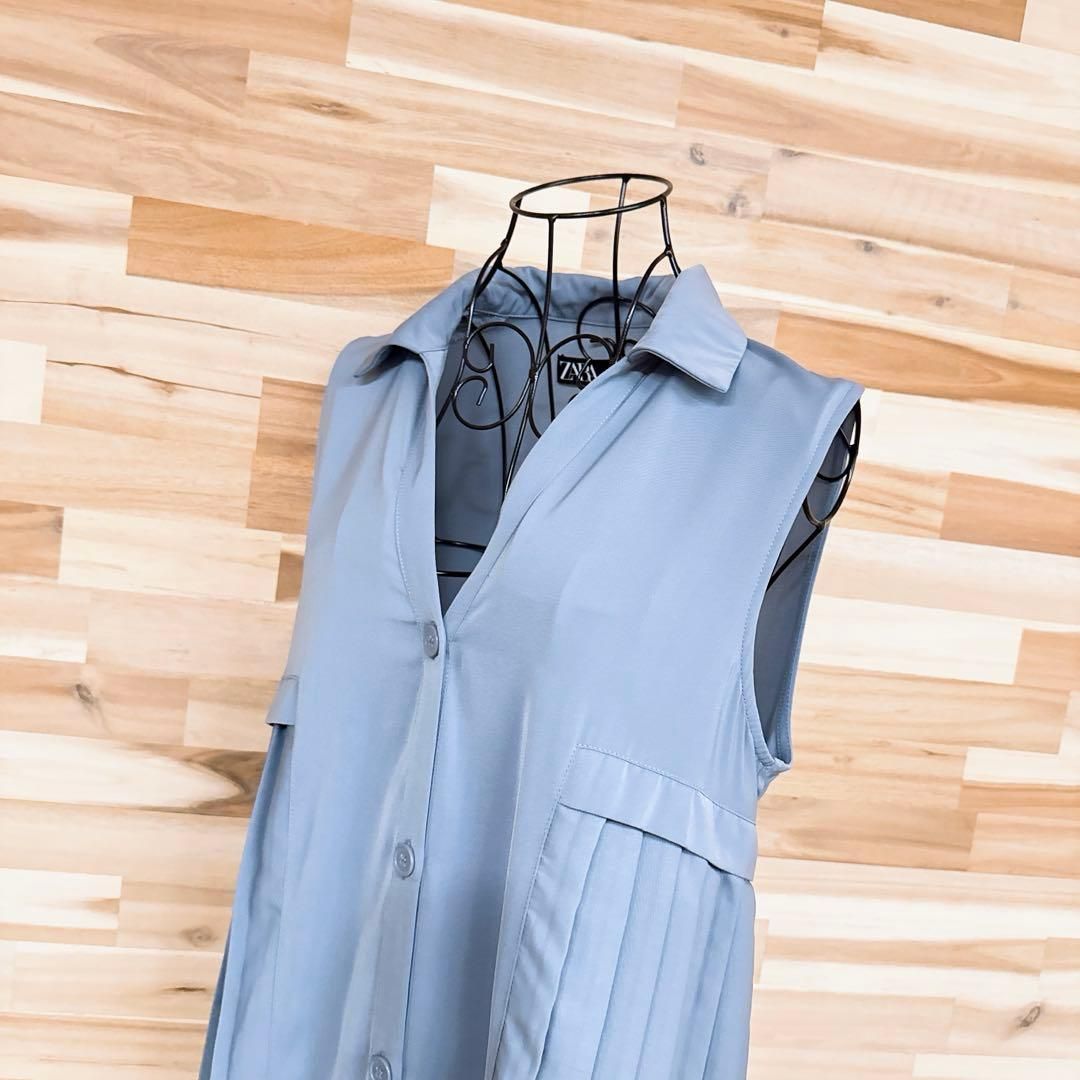 ザラ プリーツ切り替えロング ノースリーブ シャツ ワンピース Vネック S青