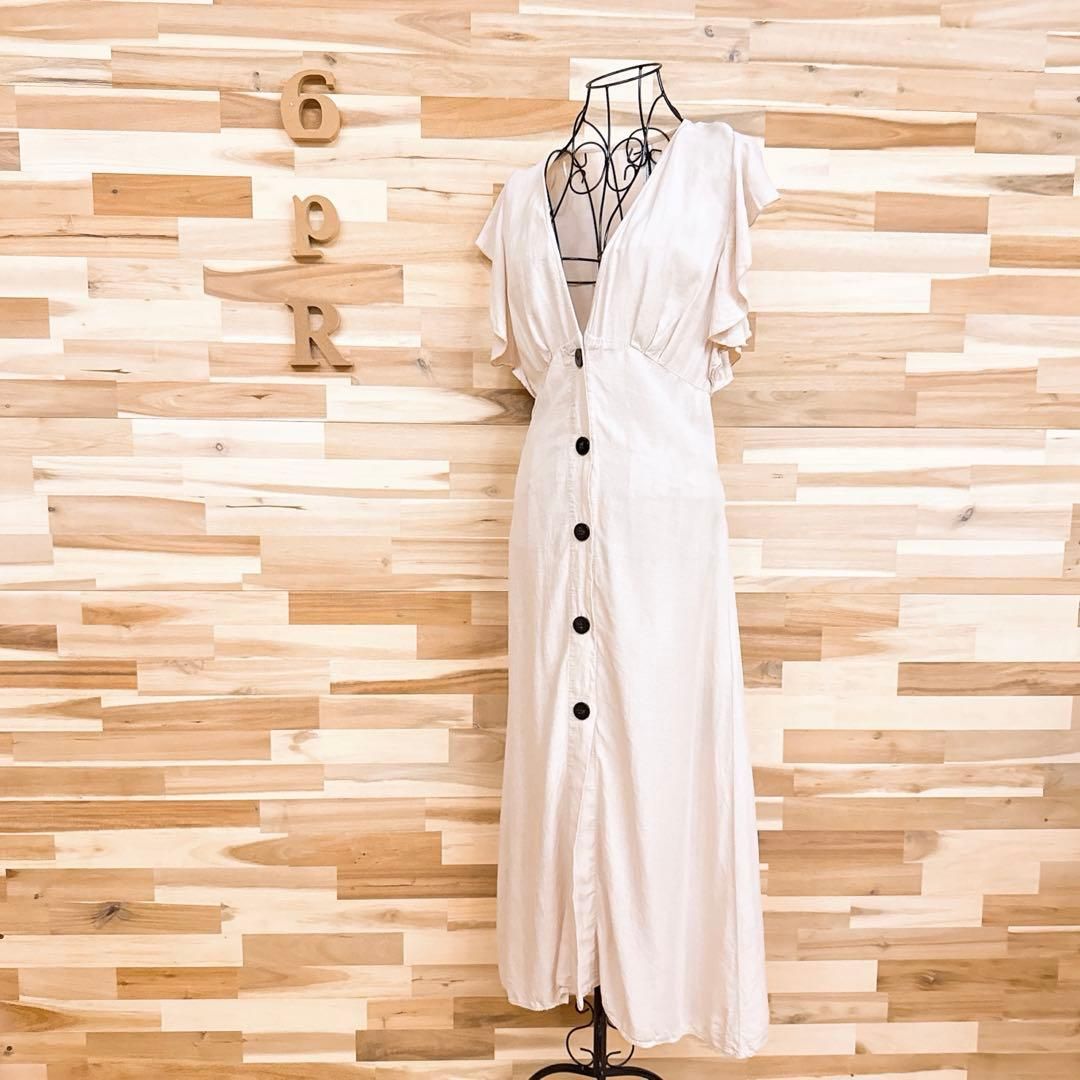 ザラ リネン ブレンド フリル ノースリーブ ワンピース M ベージュ×黒