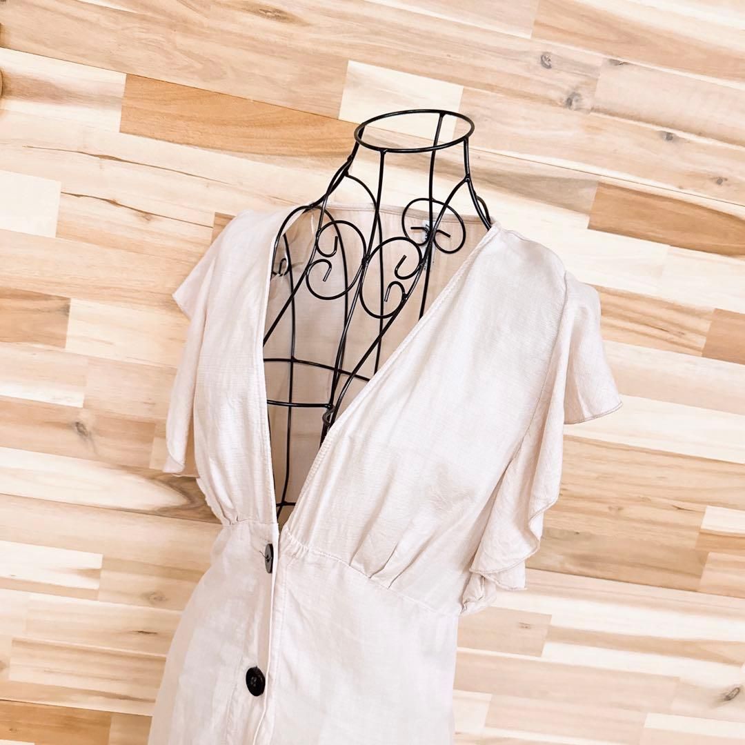 ザラ リネン ブレンド フリル ノースリーブ ワンピース M ベージュ×黒