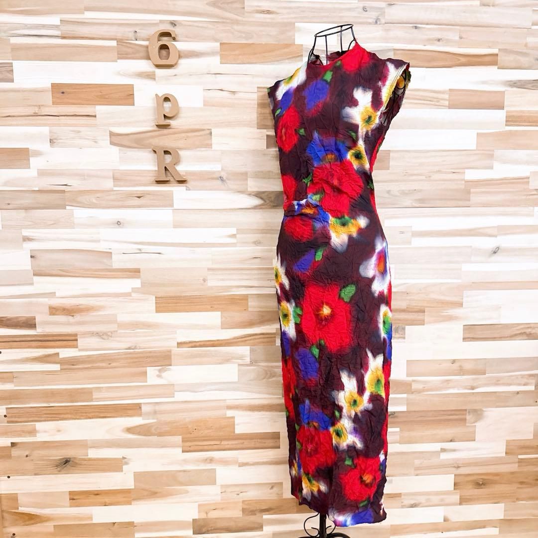 ザラ 花柄 ぼかしプリント ノースリーブ ロング ワンピース S 赤×青