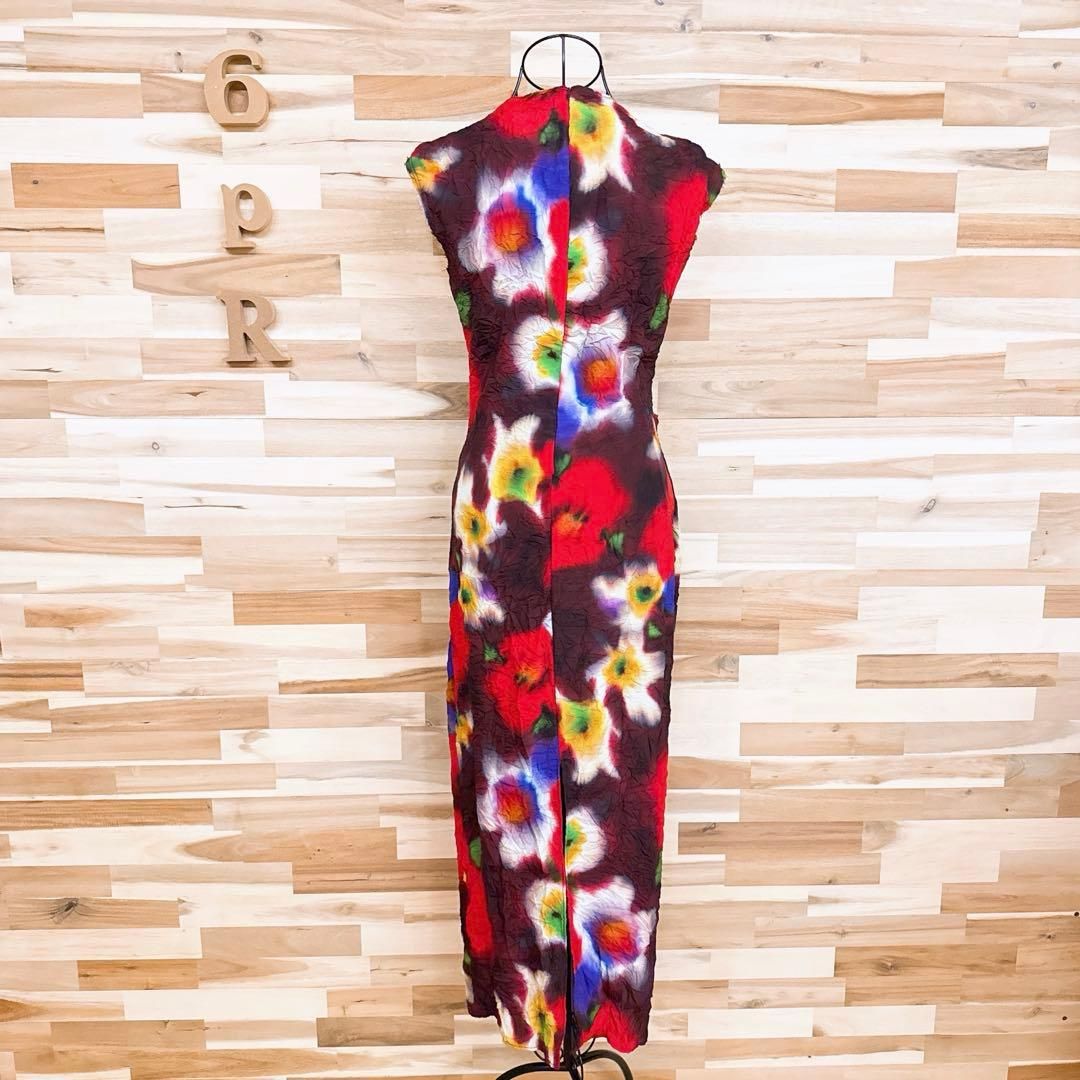  ザラ 花柄 ぼかしプリント ノースリーブ ロング ワンピース S 赤×青 ノースリーブ カットソーワンピース