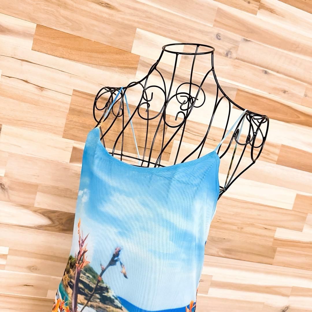 ザラ チュール プリント ロング キャミ ワンピース M 青×オレンジ