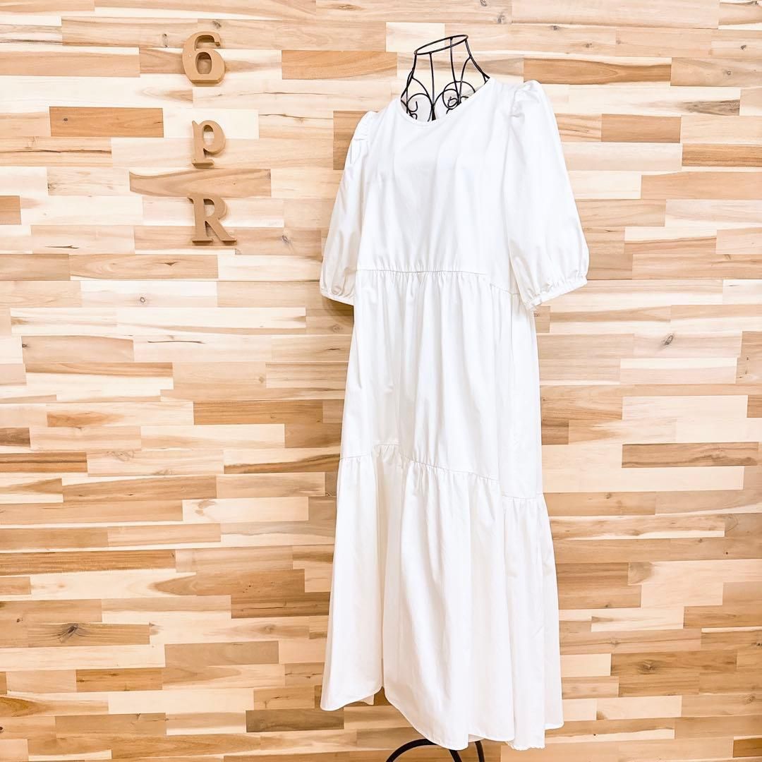 ザラ コットン ロング ティアード 半袖ワンピース L 白ホワイト
