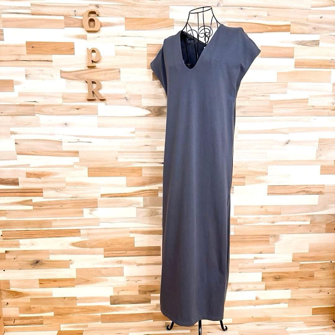 ザラ ビンテージ ライク ロング Tシャツ ワンピース Vネック S グレー