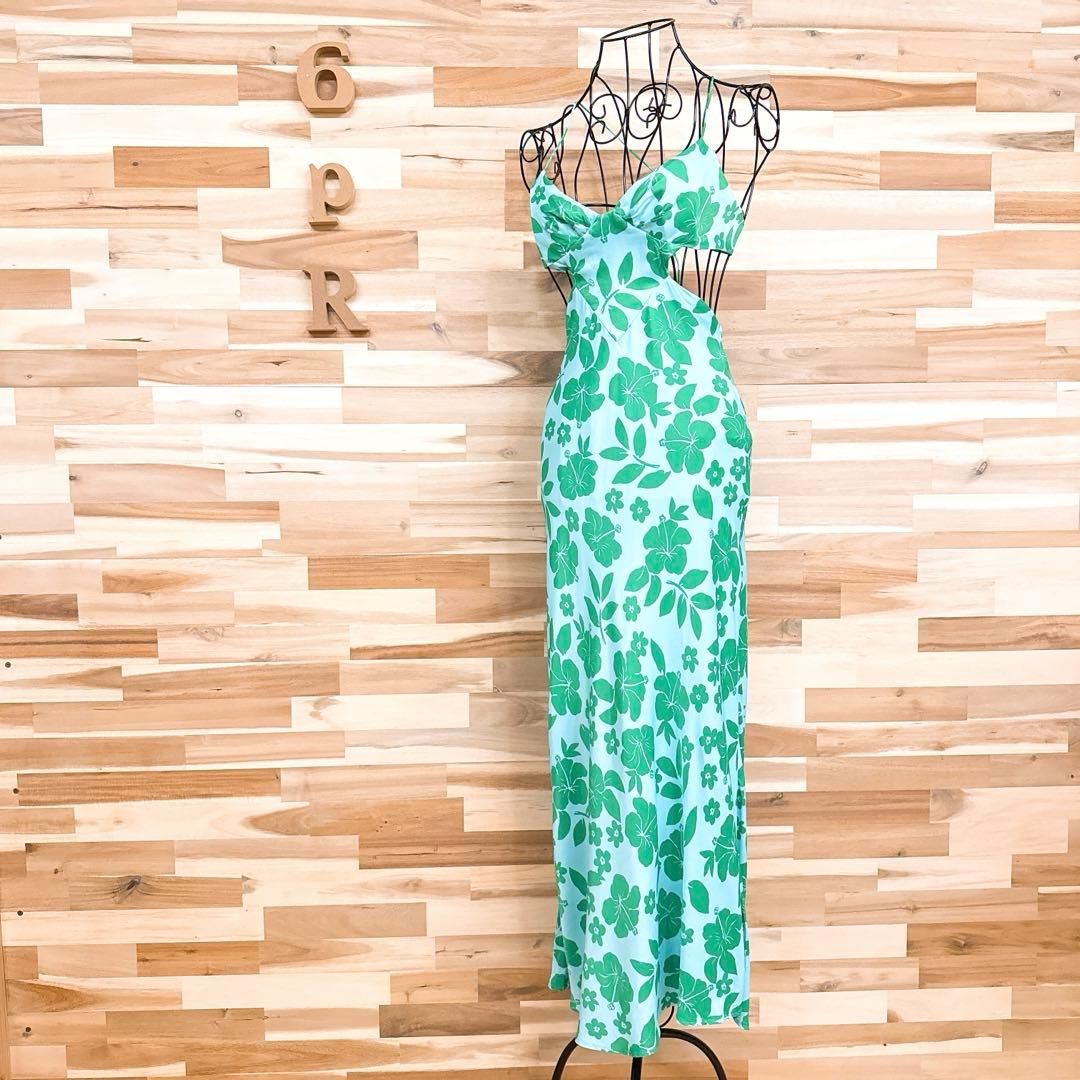 ザラ カットアウト フラワー ロング キャミ ワンピース 花柄 XS 青×緑