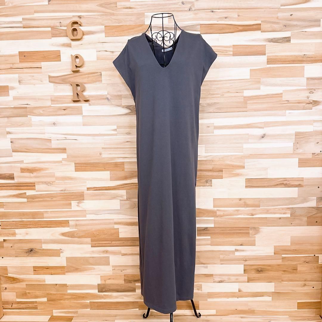  ザラ ビンテージ ライク ロング Tシャツ ワンピース Vネック S グレー 半袖 カットソーワンピース