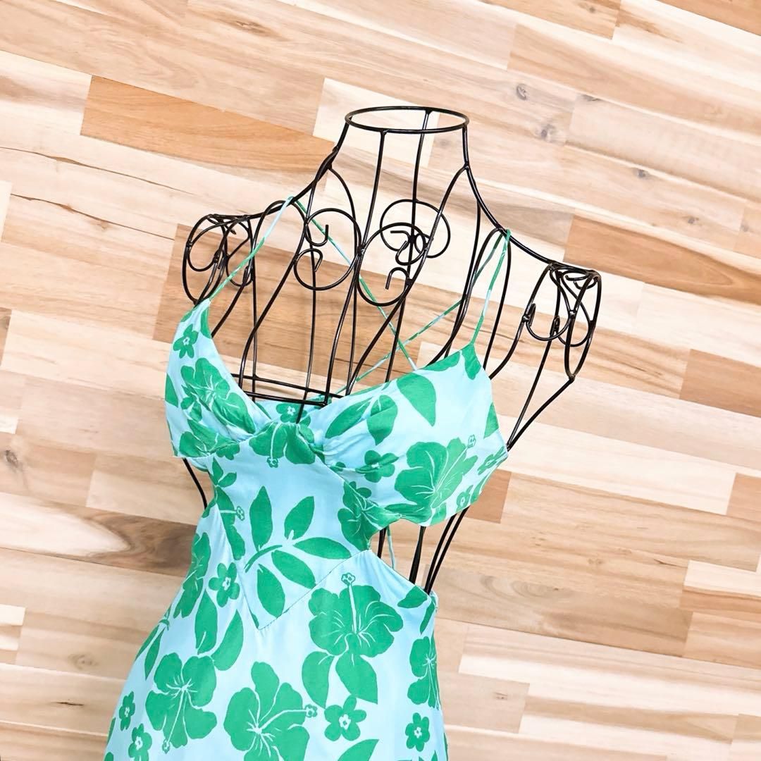 ザラ カットアウト フラワー ロング キャミ ワンピース 花柄 XS 青×緑