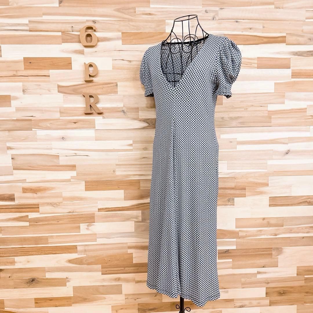 ザラ シアサッカー ギンガムチェック ロング ワンピース Vネック S 黒 白