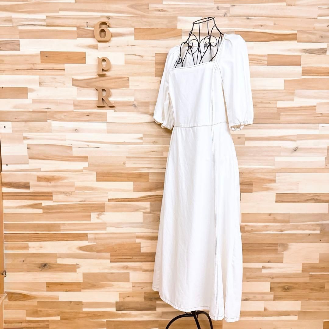 ザラ スクエアネック ホワイト デニム ロング ワンピース 刺繍ステッチ M白