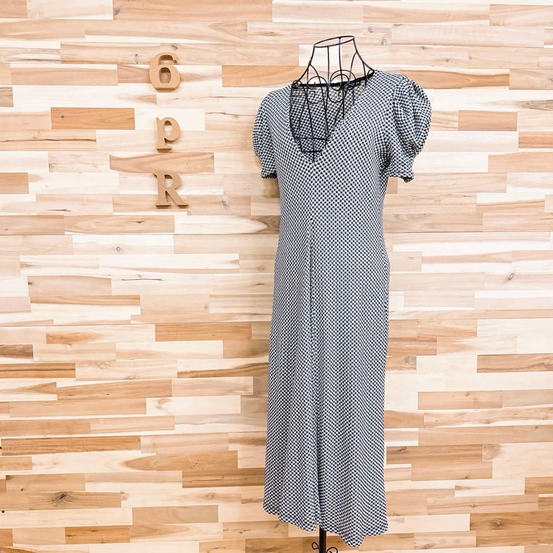  ザラ シアサッカー ギンガムチェック ロング ワンピース Vネック S 黒 白 半袖 カットソーワンピース