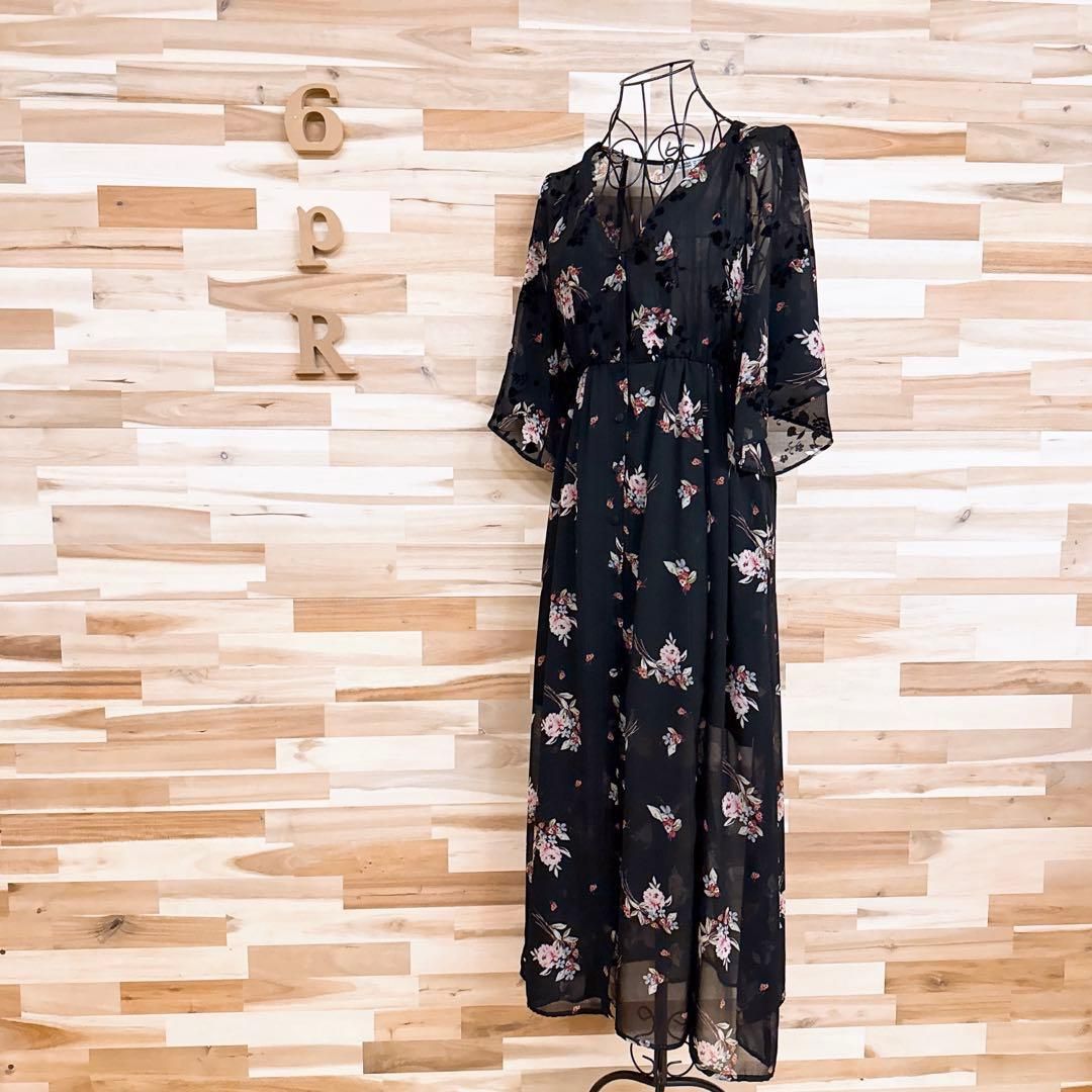 ザラ Vネック シフォン シアー フラワー ロング ワンピース XS黒×ピンク