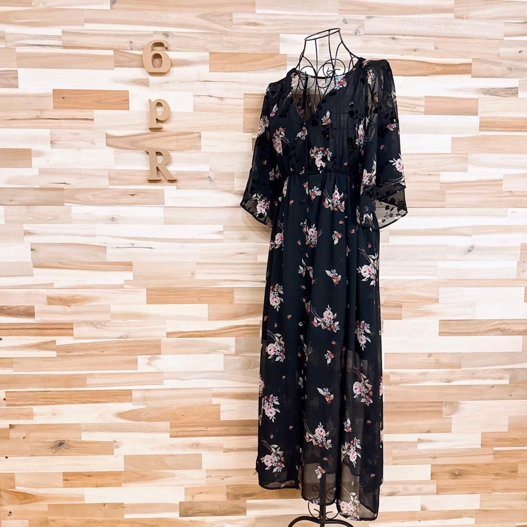  ザラ Vネック シフォン シアー フラワー ロング ワンピース XS黒 ピンク 半袖 その他