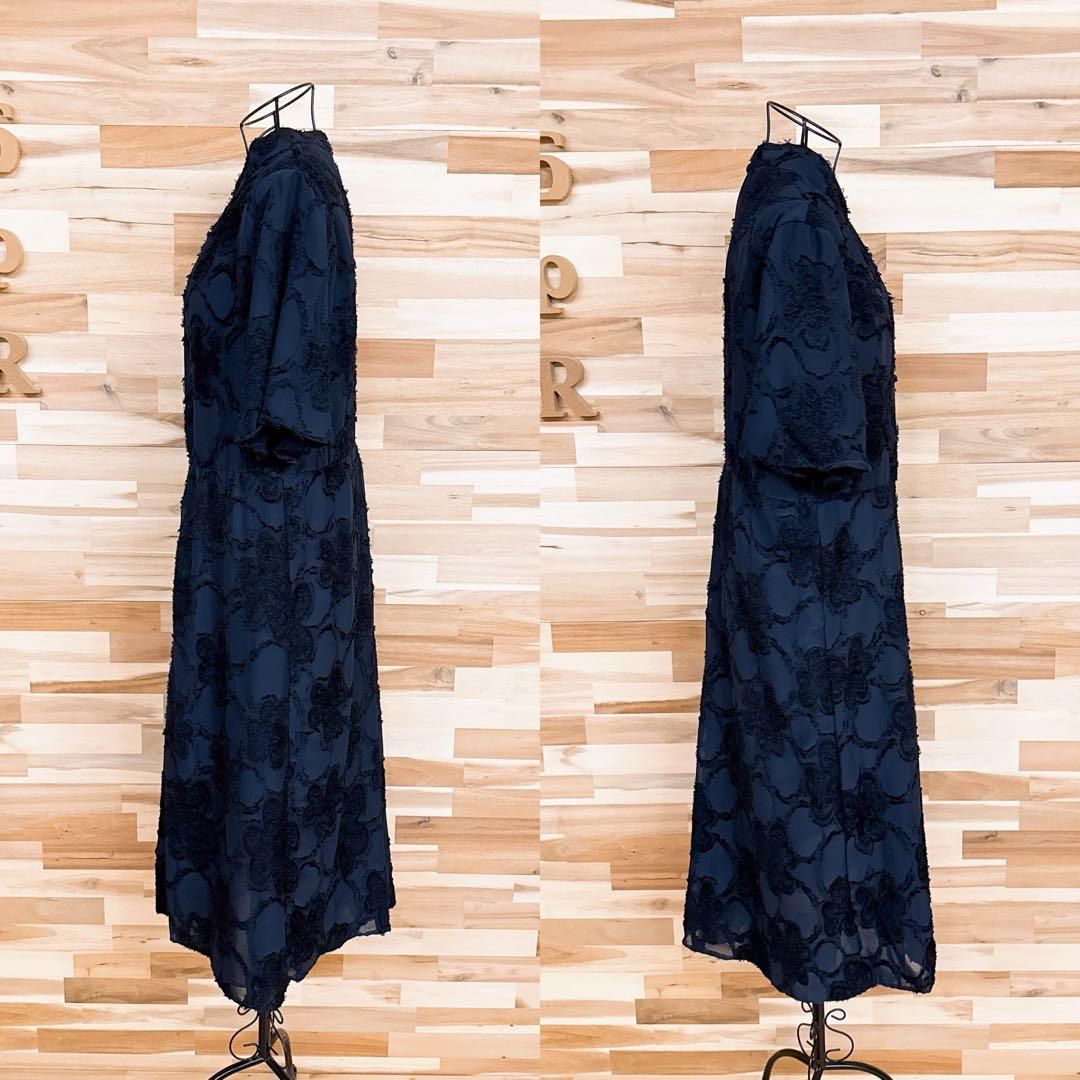  ザラ バックオープン 3 D ジャガード シアー ロング ワンピース L 紺 半袖 その他