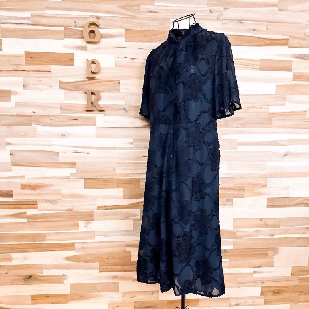 ザラ バックオープン 3D ジャガード シアー ロング ワンピース L 紺