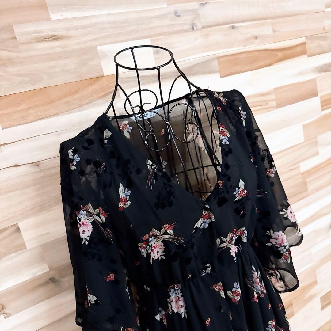 ザラ Vネック シフォン シアー フラワー ロング ワンピース XS黒×ピンク