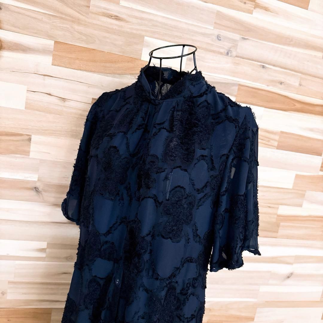 ザラ バックオープン 3 D ジャガード シアー ロング ワンピース L 紺