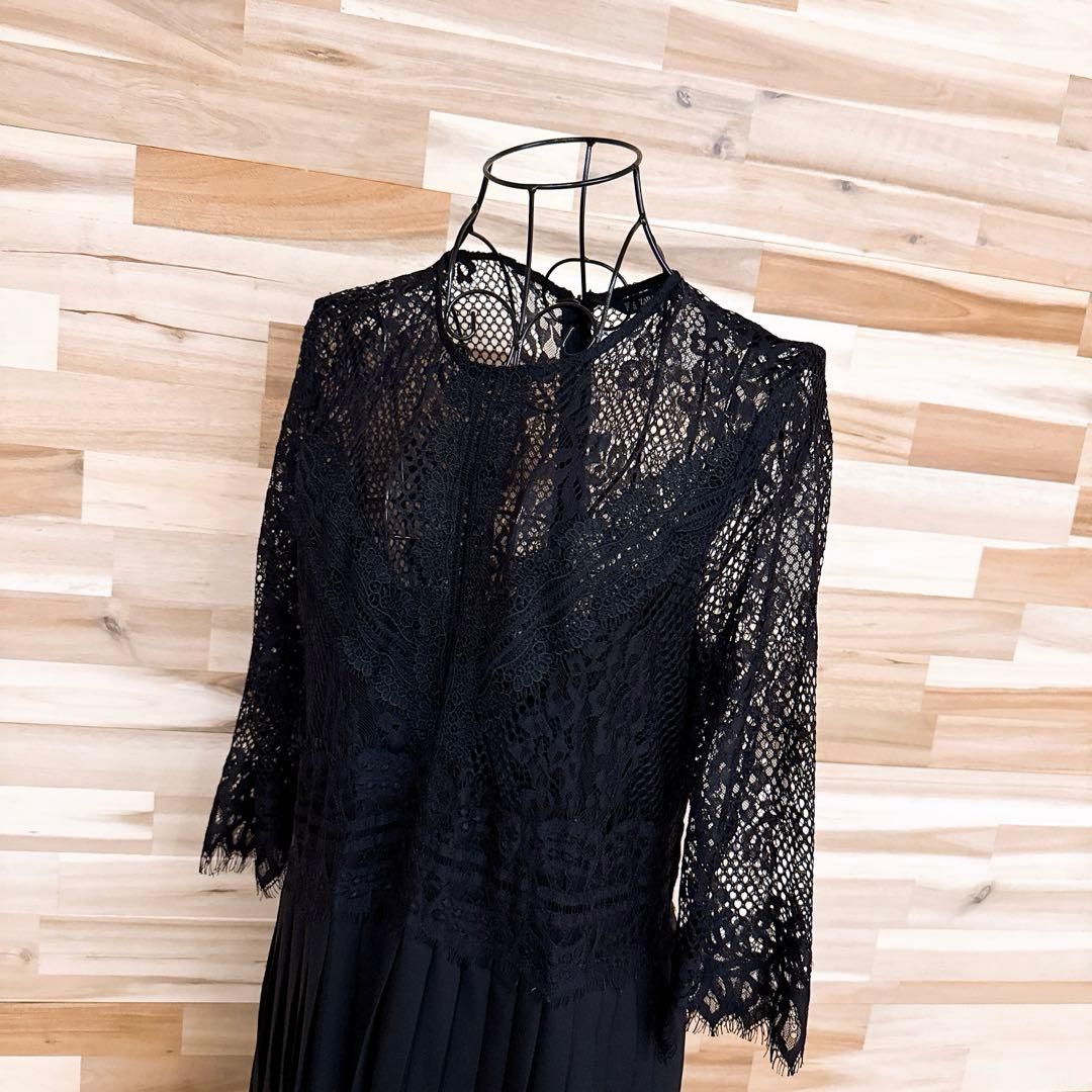 ザラ メッシュ レース プリーツ ドッキング ロング ドレス ワンピースXL黒