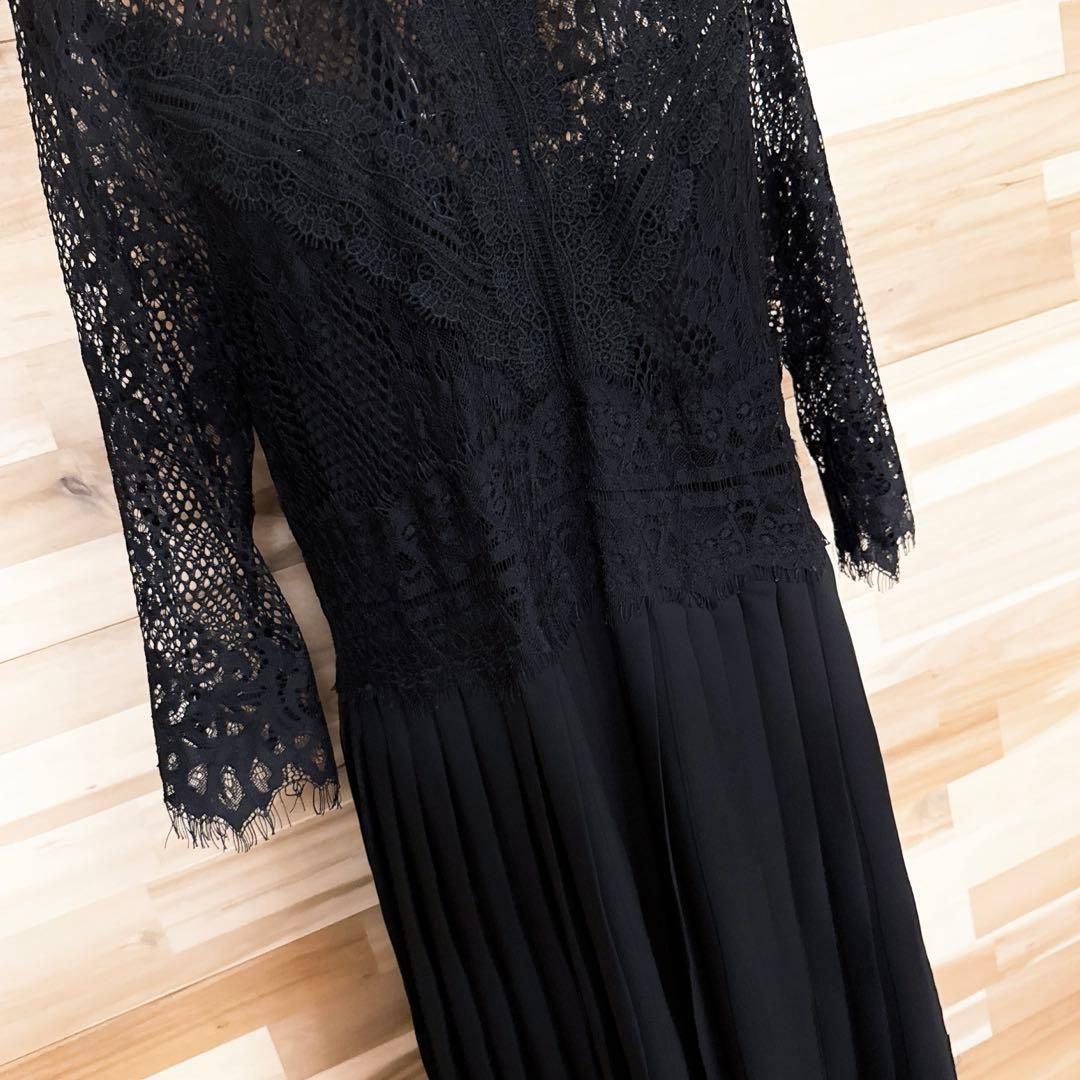  ザラ メッシュ レース プリーツ ドッキング ロング ドレス ワンピースXL黒 長袖 七分袖 その他