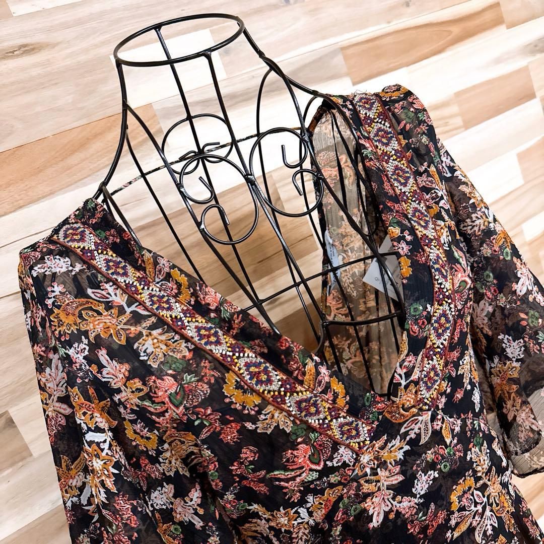  ザラ シフォン カットアウト ティアード ロング ワンピース M黒 半袖 その他