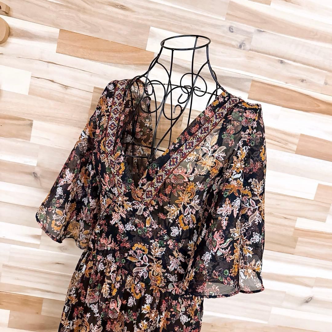 ザラ シフォン カットアウト ティアード ロング ワンピース M黒