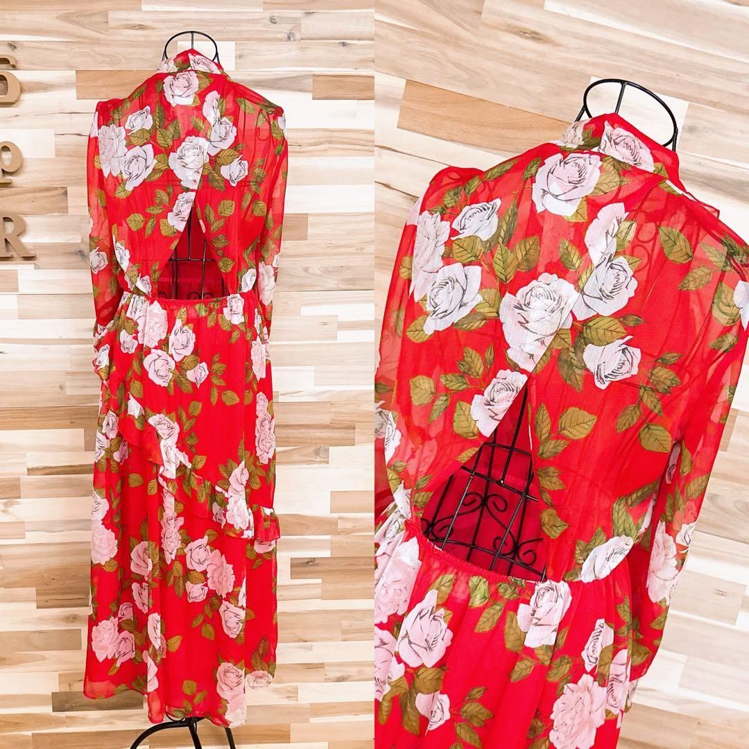  ザラ ローズ シフォン バックオープン ロング ドレス ワンピース XS赤×白 長袖 七分袖 その他