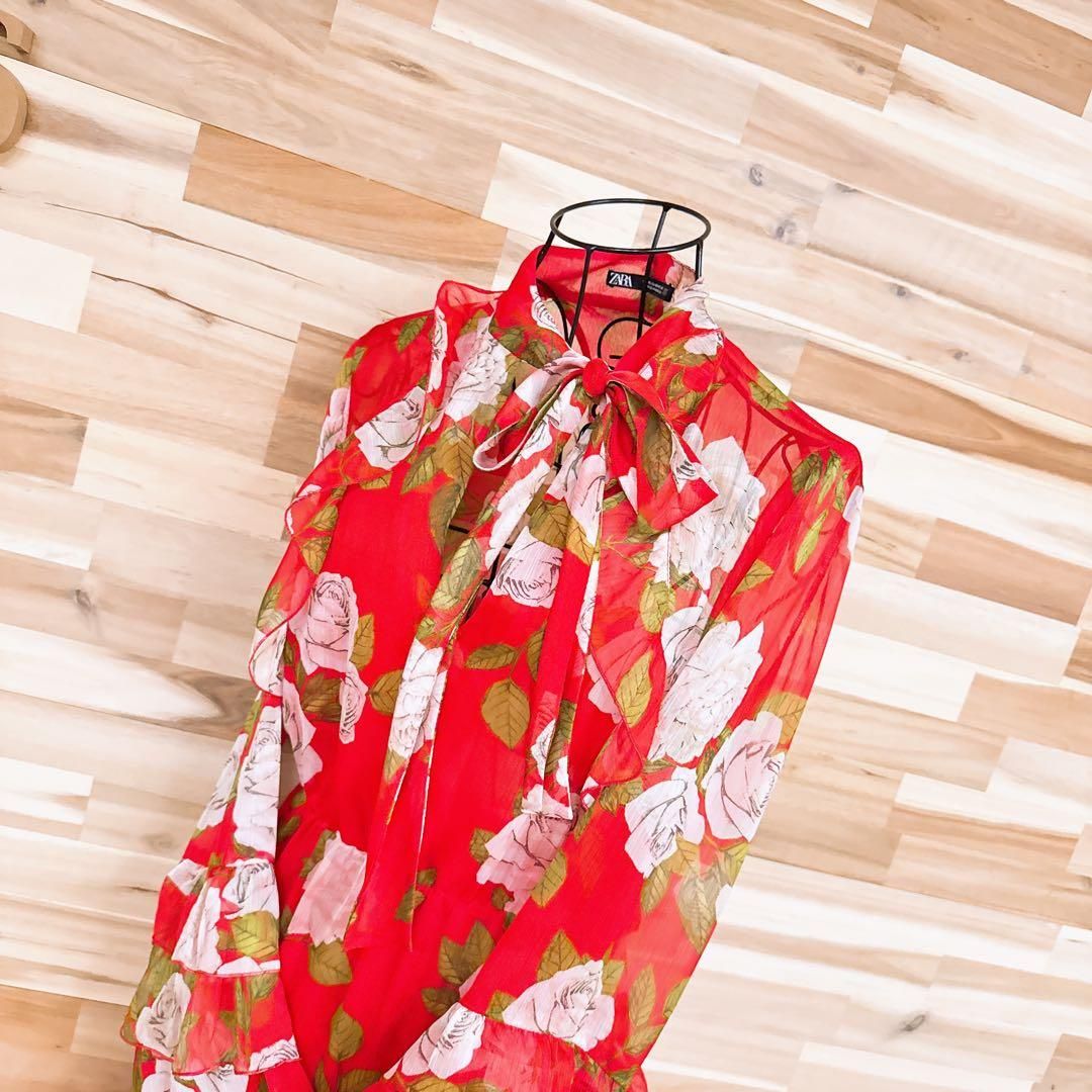 ザラ ローズ シフォン バックオープン ロング ドレス ワンピース XS赤×白