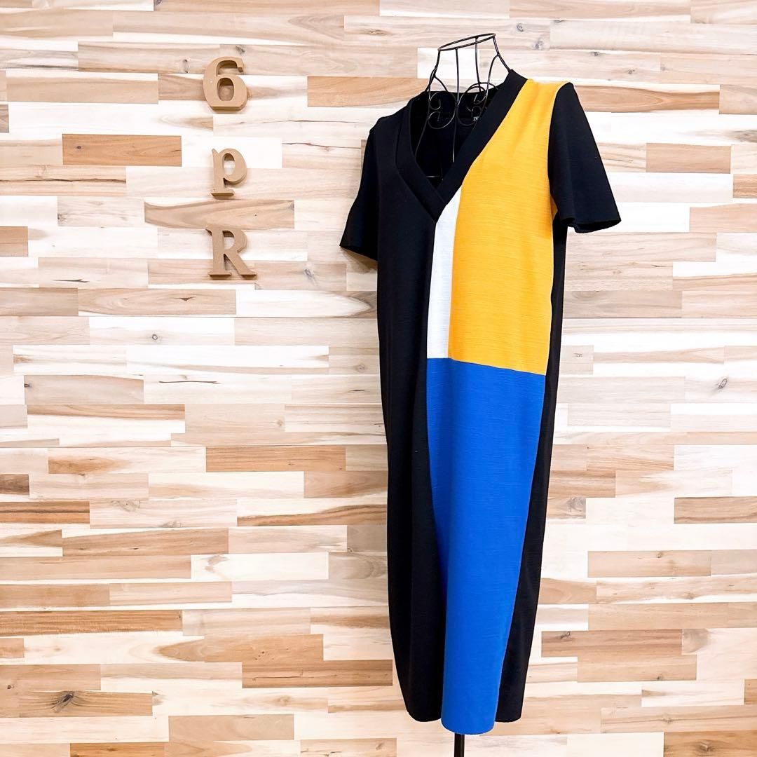 ザラ パターン Vネック ロング ワンピース ブロック配色 S 黒×青