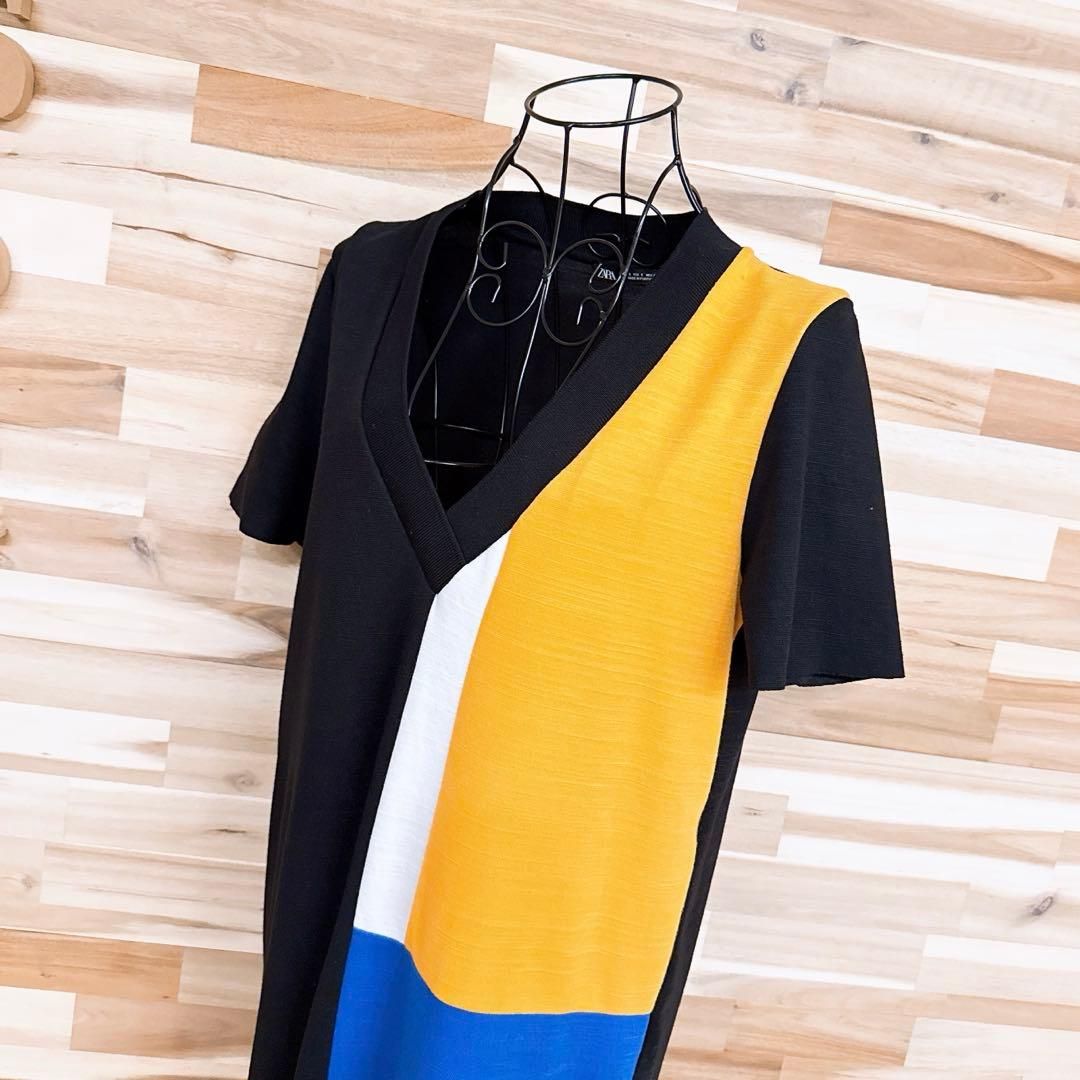 ザラ パターン Vネック ロング ワンピース ブロック配色 S 黒×青