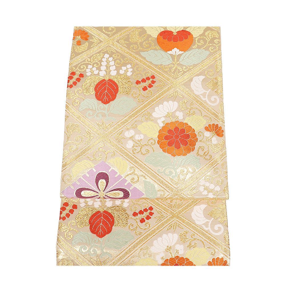 菱取大井絵文 輝煌綴 袋帯 キラキラ 袋帯 蜀江文 正絹 六通 Q1095 菱取大井絵文 輝煌綴 袋帯 キラキラ 袋帯 蜀江文 正絹 六通 Q1095