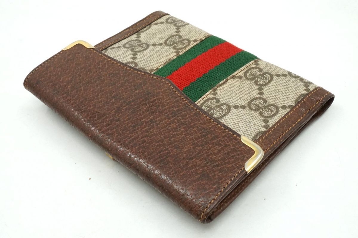  グッチ ヴィンテージ シェリー 二つ折り 財布 ロゴ留め具 Unisex GGプラス PVCレザー 茶 ブラウン GUCCI 4438 k 二つ折り財布 折り財布