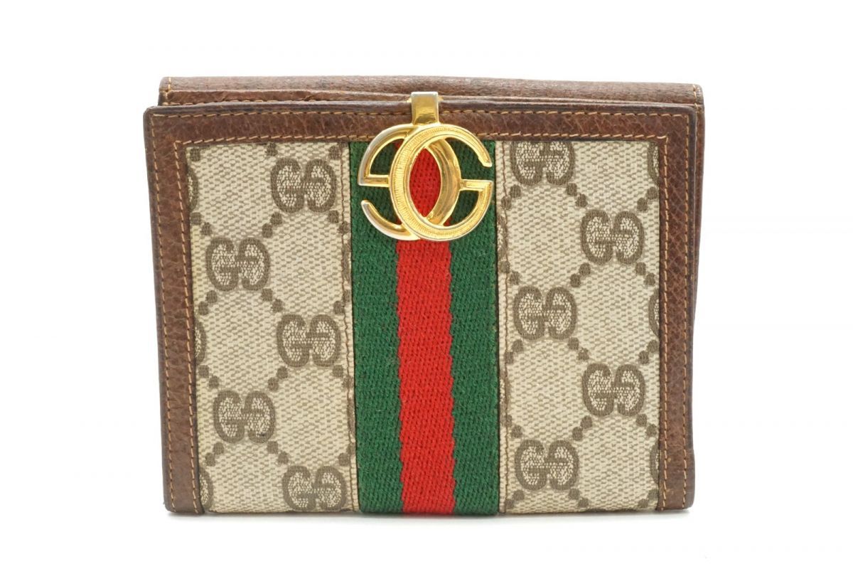グッチ ヴィンテージ シェリー 二つ折り 財布 ロゴ留め具 Unisex GGプラス PVCレザー 茶 ブラウン GUCCI 4438k
