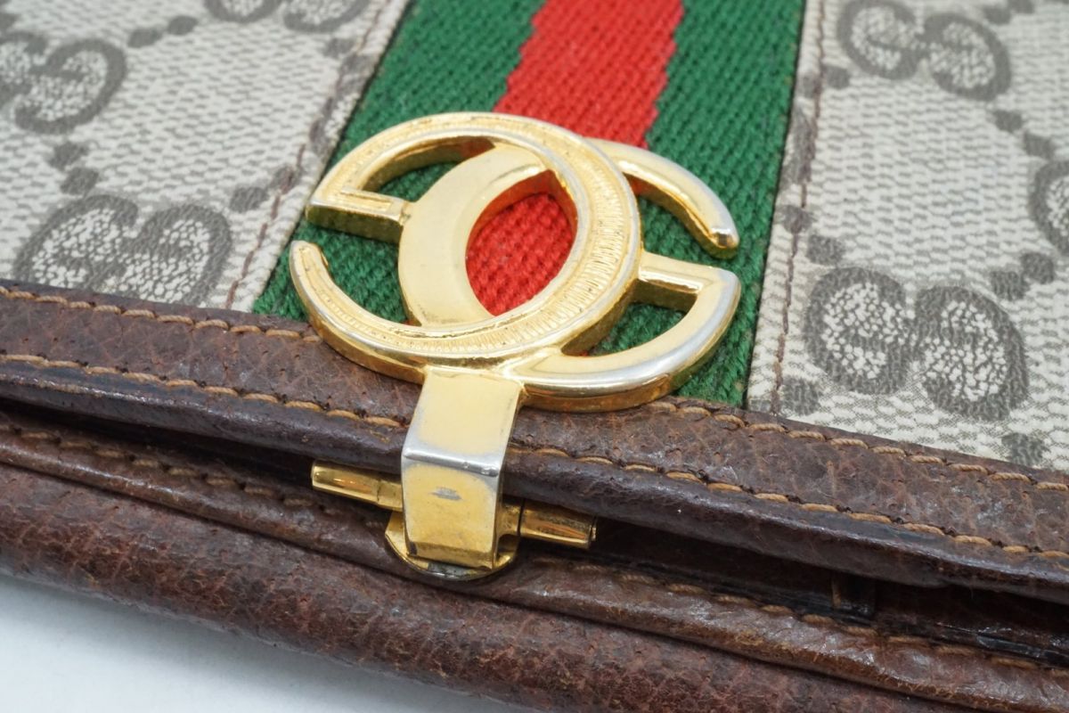 グッチ ヴィンテージ シェリー 二つ折り 財布 ロゴ留め具 Unisex GGプラス PVCレザー 茶 ブラウン GUCCI 4438 k