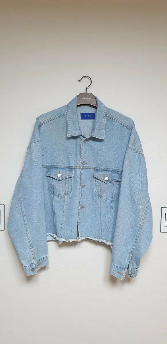 LANE メンズ ライトブルー ショート デニム ダメージ フリンジ クロップド ジャケット F